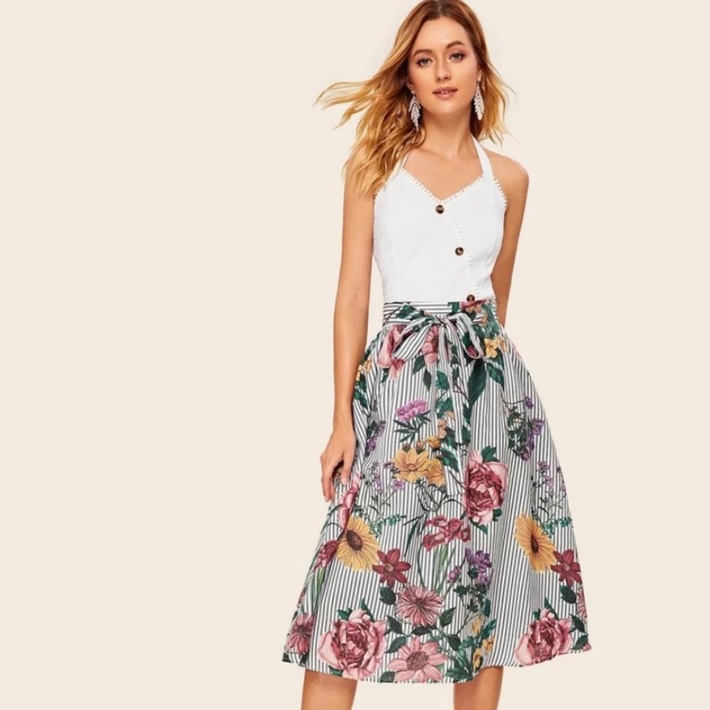 Belted Striped and Floral Skirt